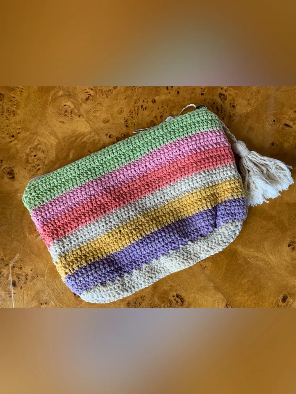 Shiraleah Cream Multicolor stripe crochet canvas clutch